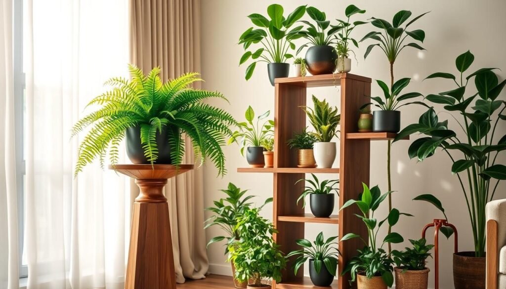 A beautifully arranged indoor scene featuring a wooden plant stand with multiple levels, showcasing an array of lush green plants. In the foreground, a tall, elegant wooden pedestal displays a vibrant potted fern, its fronds cascading gently over the edges. The middle ground includes a tiered plant stand made of rich, dark wood, adorned with sculptural plants like snake plants and pothos, each pot unique and stylish. In the background, soft sunlight filters through sheer curtains, creating a warm, inviting atmosphere. The overall mood is serene and harmonious, emphasizing the connection between nature and thoughtful design. The setting is airy and well-lit, capturing the essence of modern home décor.