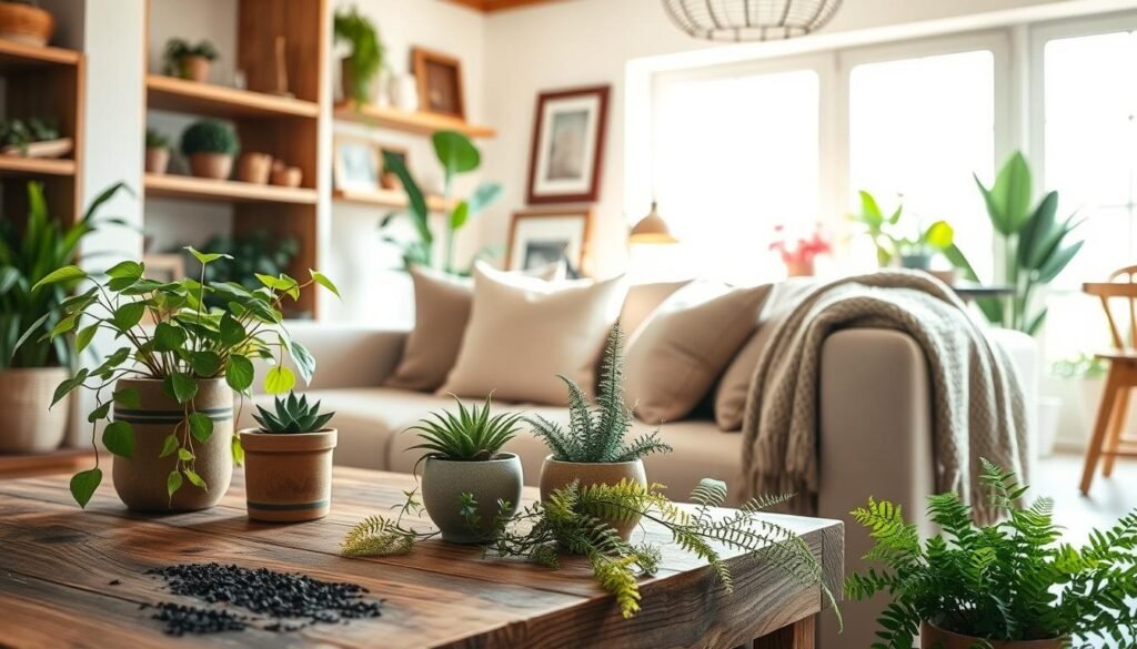 A beautifully arranged indoor scene showcasing natural elements for mental wellbeing. In the foreground, a rustic wooden coffee table adorned with small potted plants like succulents and ferns, spilling vibrant green leaves, adds a touch of life. The middle ground features a comfortable seating area with soft, neutral-toned cushions and a woven blanket draped casually over the arm of a cozy sofa, inviting relaxation. In the background, large windows allow bright, soft sunlight to pour in, illuminating the space and enhancing its airy feel. Natural wood accents, like shelves and picture frames, harmonize with the lush plants, creating a serene atmosphere. This idyllic setting emphasizes the tranquil benefits of incorporating nature into home decor, perfect for promoting mental wellbeing.