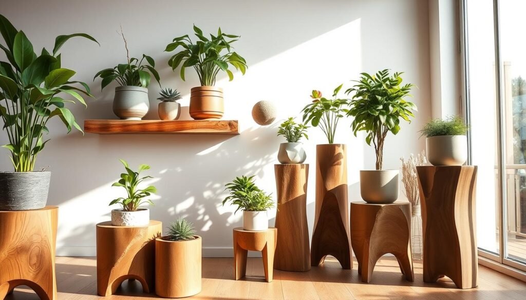 A beautifully arranged indoor scene showcasing sustainable wood accents for home plant décor. In the foreground, a variety of modern, eco-friendly wood plant stands, showcasing rich grains and textures, hold thriving green potted plants. The middle ground features a handcrafted wood shelf made from reclaimed timber, adorned with decorative ceramic pots filled with vibrant foliage. In the background, a large window allows soft, natural sunlight to filter in, creating an airy and warm atmosphere. Light and shadows play across the wooden surfaces, highlighting their organic beauty. The image captures a serene, eco-conscious vibe, embodying a harmonious blend of nature and sustainable design in a cozy home setting.