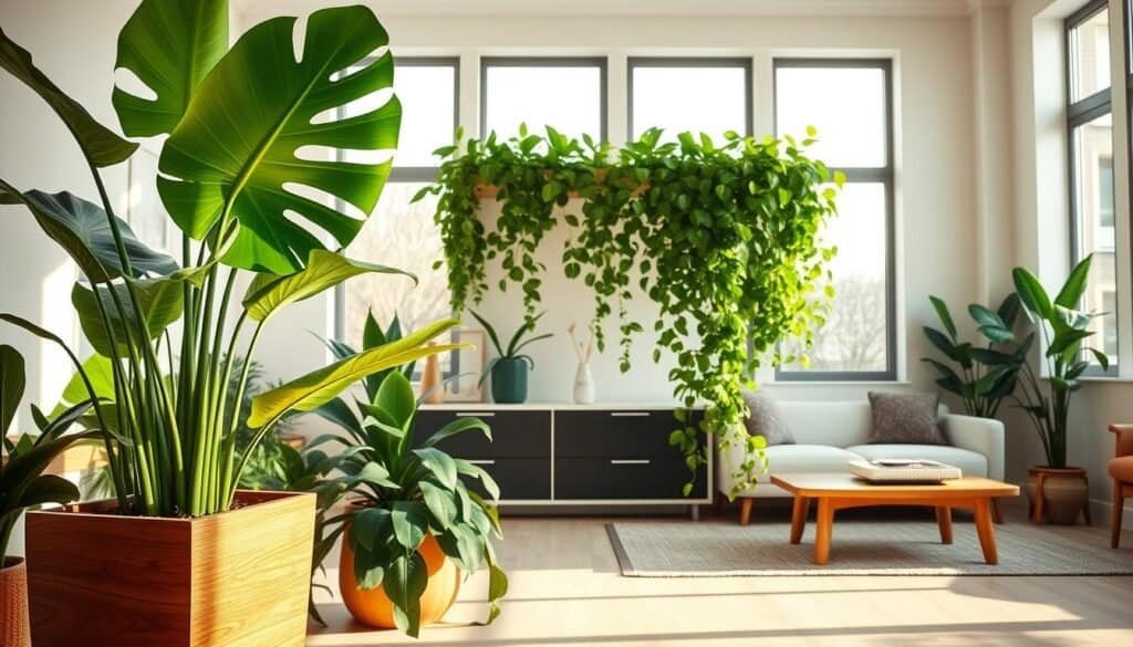A beautifully arranged indoor space featuring statement plants like large, vibrant Monstera and lush Philodendrons. In the foreground, a stylish wooden planter holds a tall Monstera, its iconic split leaves radiating health and vitality. The middle ground includes a vibrant Philodendron cascading down from a sleek shelf, creating an inviting atmosphere. Light filters through large windows, casting soft, warm sunlight across the scene, emphasizing the rich greens of the plants. The background showcases a modern, airy living room with minimalistic decor—light wooden furniture and neutral-toned walls—that enhances the fresh energy brought by the greenery. The overall mood is invigorating and serene, perfect for revitalizing a space.