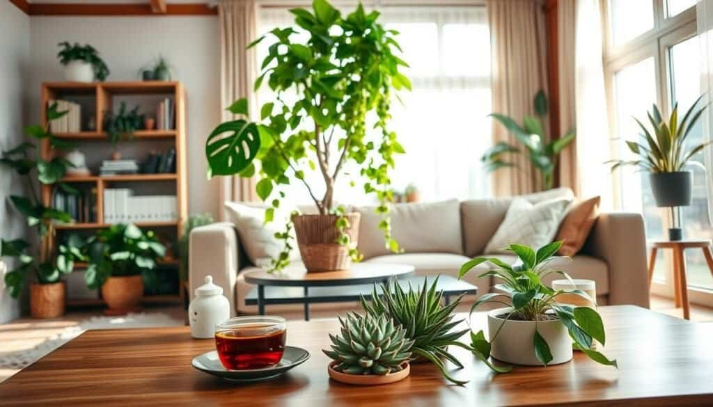 A beautifully arranged living room featuring a variety of indoor plants that create a refreshing and energetic atmosphere. In the foreground, a stylish coffee table adorned with a small succulent arrangement and a steaming cup of herbal tea. In the middle, a lush potted fiddle leaf fig tree and a cascading pothos draping from a bookshelf, vibrant green leaves adding life. In the background, large windows allow for bright, natural light to flood the space, enhancing the cozy feel. The room is decorated with warm, neutral tones and natural wood textures, complemented by soft sunlight filtering through sheer curtains. The overall mood is uplifting and serene, inviting a sense of tranquility and revitalization.