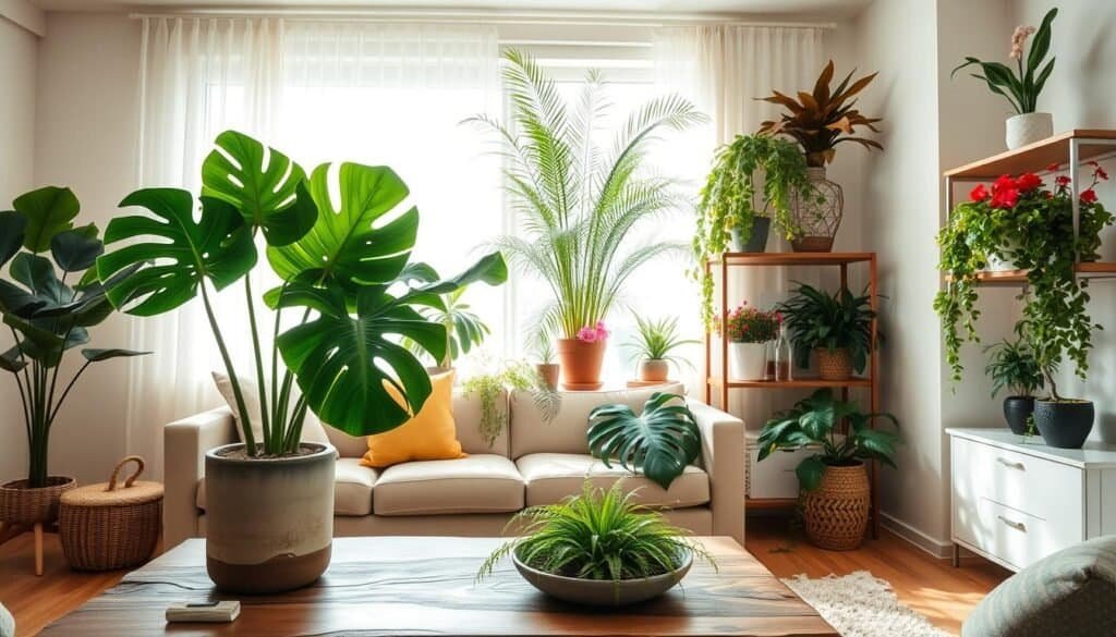 A beautifully arranged living room featuring a variety of lush, green plants as central decor elements. In the foreground, a large leafy monstera plant in a stylish ceramic pot sits invitingly atop a rustic wooden coffee table. In the middle, tall cascading ferns and vibrant flowering plants are placed artfully on open shelves, adding a touch of color and life. The background showcases a sunlit window adorned with sheer curtains that let in soft, natural light, illuminating the room's calming pastel walls. The atmosphere is warm and inviting, promoting relaxation and rejuvenation. The scene is captured with a wide-angle lens to emphasize the spaciousness and tranquility of the space, with a focus on bright, airy lighting that enhances the plants' vibrant greens.
