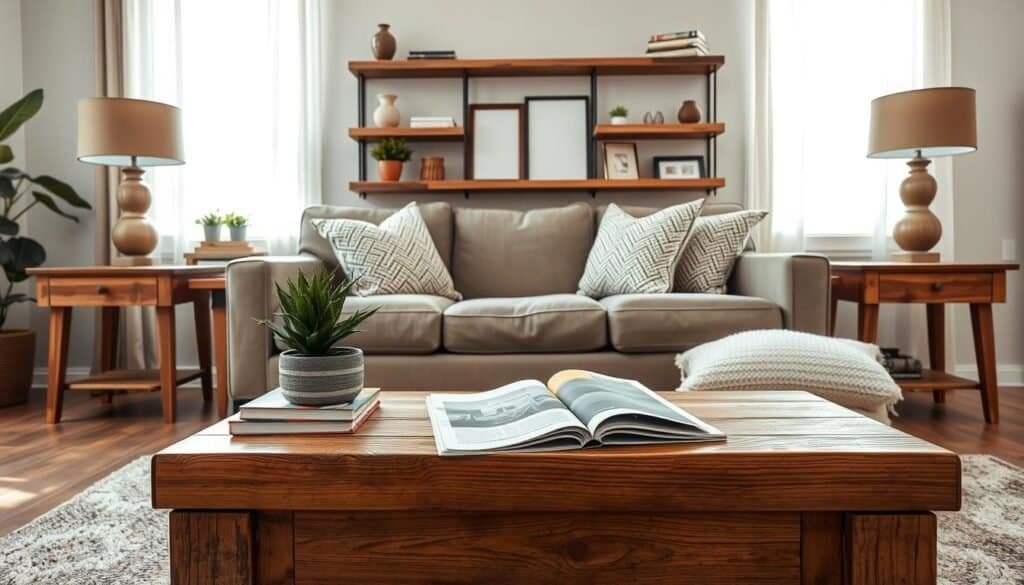 A beautifully arranged living room featuring budget-friendly wood accents. In the foreground, a rustic wooden coffee table with a distressed finish holds a small potted plant and a stylish magazine stack. The middle ground showcases a cozy sofa adorned with textured throw pillows, complemented by wooden side tables with elegant lamps. A wall-mounted wooden shelf displays decorative items, blending functionality with aesthetics. The background reveals a softly lit window, allowing natural light to filter in, casting gentle shadows and creating an inviting atmosphere. The overall mood is warm and welcoming, with bright natural light enhancing the wood tones and soft furnishings. Capture this scene with a wide-angle lens to emphasize depth and space in a realistic home décor setting.