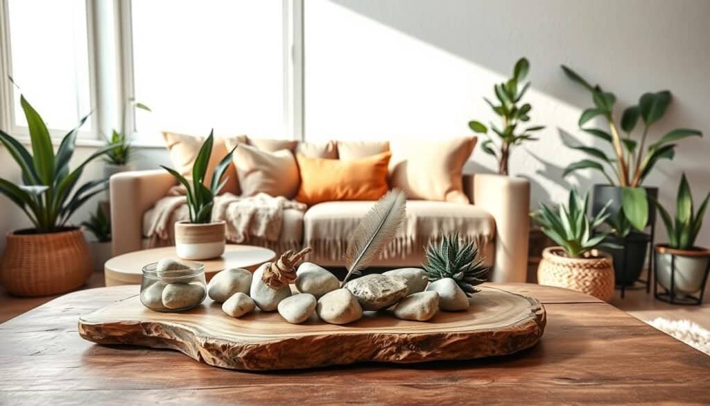 A beautifully arranged living room featuring natural elements in home decor. In the foreground, a rustic wooden coffee table holds an elegant arrangement of smooth stones, driftwood, and a few delicate feathers. The middle ground showcases a cozy sofa adorned with cushions in earthy tones and a woven throw blanket. Potted plants in varied sizes, such as snake plants and succulents, add a touch of green, while a large window in the background floods the space with bright, soft sunlight. Lightly textured walls in muted shades enhance the warmth of the scene. The atmosphere is tranquil and inviting, with a focus on harmony between nature and modern living. Capture this inviting setting using a wide-angle lens to emphasize space, ensuring a clear and vibrant image with well-balanced lighting.