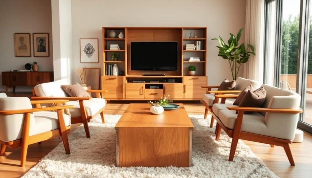 A beautifully arranged living room featuring versatile wooden furniture pieces. In the foreground, a warm-toned, handcrafted oak coffee table sits atop a plush area rug, surrounded by stylish mid-century modern chairs upholstered in soft fabric. In the middle ground, a sleek wooden entertainment unit with clean lines holds various decorative items, harmonizing with the wooden accents throughout the room. The background showcases a large window allowing bright, natural sunlight to filter in, creating an airy and inviting atmosphere. The walls are painted in soft neutral tones, enhancing the cozy feel of the space. The scene is captured from a slightly elevated angle to showcase the layout and textures, illuminated by soft sunlight that highlights the grain of the wood. The overall mood is warm, welcoming, and stylish, perfect for any living room decor.