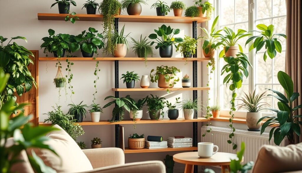 A beautifully arranged living room featuring wooden shelves brimming with lush green plants, creating a balanced plant aesthetic. In the foreground, a cozy reading nook with a soft armchair and a small side table topped with a cup of coffee. The middle section showcases the wooden shelves adorned with various plants in elegant pots, with a mix of trailing vines and tall leafy greens. The background reveals a sunlit window, filtering in soft, warm sunlight that highlights the textures of the wood and the vibrant greens of the plants. The atmosphere is serene and inviting, evoking a sense of tranquility and warmth, perfect for a living space. The image should capture the essence of a well-decorated home with detailed focus and bright, natural lighting.