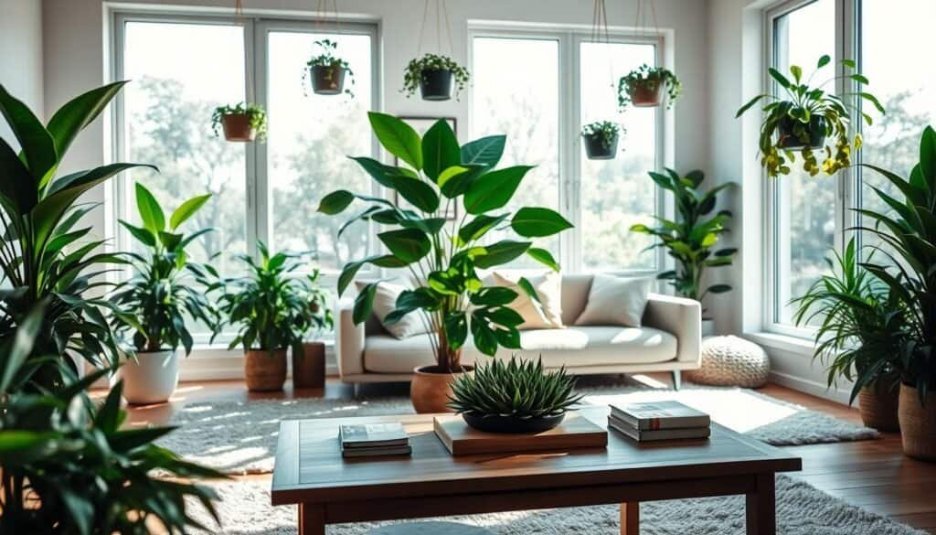 A beautifully arranged living room filled with various lush green plants, showcasing a harmonious blend of nature and decor. In the foreground, a stylish coffee table adorned with a small succulent centerpiece and a few decorative books. In the middle, a large leafy floor plant beside a cozy couch with soft cushions, complemented by hanging planters suspended from the ceiling. The background features large windows that allow bright, natural light to flood the room, creating a warm and inviting atmosphere. Sunlight casts gentle shadows, enhancing the textures of the wooden floor and plush rugs. The overall mood is serene and refreshing, reflecting a perfect integration of living plants into a modern, airy space.