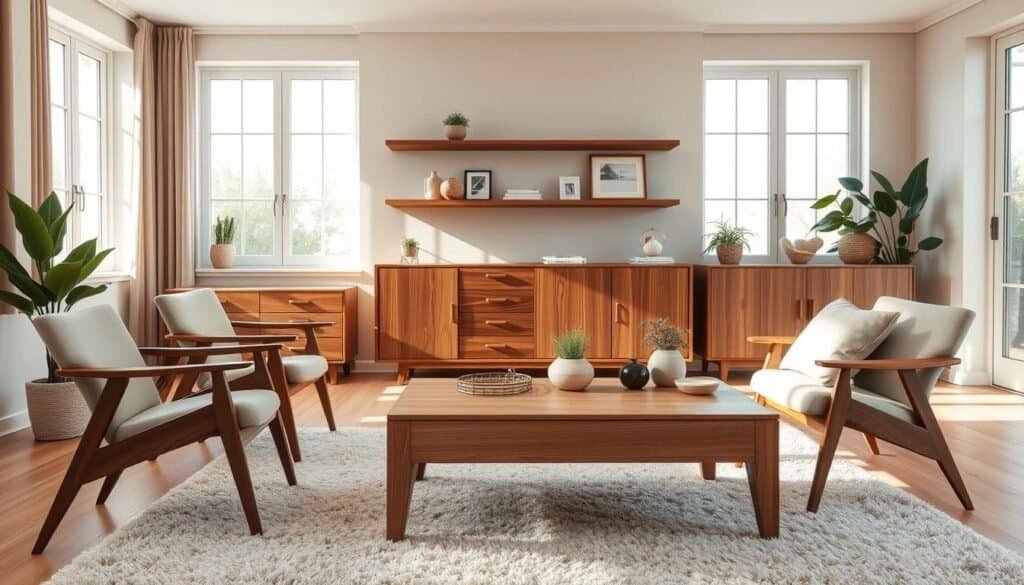 A beautifully arranged living room showcasing a harmonious blend of different wood tones. In the foreground, a light oak coffee table sits atop a plush area rug, accompanied by sleek mid-century modern chairs in walnut. In the middle, a striking walnut sideboard displays decorative objects and small potted plants, while a light-colored accent wall features wooden shelves with framed artwork. The background reveals large windows allowing bright, soft sunlight to fill the space, enhancing the earthy wood hues. The atmosphere exudes warmth and inviting comfort, ideal for real homes. Capture the scene from a slightly elevated angle to highlight the varied wood textures and tones, emphasizing a contemporary yet cozy vibe throughout the room.