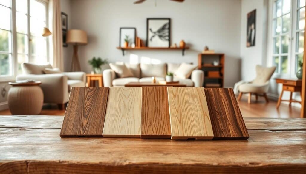 A beautifully arranged living room showcasing various wood flooring options. In the foreground, a selection of small, polished wood samples displayed on a rustic wooden table, including oak, maple, and walnut. In the middle, a cozy living space with a soft, inviting sofa adorned with plush cushions, complemented by an accent rug, and wooden accents like a coffee table and shelf. In the background, large windows allow bright, natural light to flood the room, creating a warm atmosphere. The lighting is soft and airy, highlighting the textures of the wood flooring, which ranges from light to dark tones, promoting a relaxed, inviting vibe. The scene hints at comfort, perfect for a cozy living room setting.
