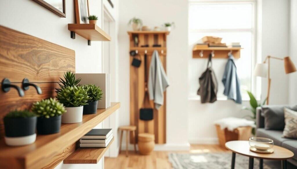 A beautifully arranged living space featuring various functional wall-mounted wood projects. In the foreground, a hand-crafted wooden shelf displaying potted plants and decorative books, showcasing intricate wood grain patterns. The middle ground includes a stylish, wall-mounted coat rack made from reclaimed wood, with elegant hooks, adorned with neatly hung jackets and accessories. In the background, soft, airy light filters through a large window, illuminating the space with a warm and inviting glow, enhancing the natural wood tones. The entire scene radiates a cozy, homey atmosphere, emphasizing clever, space-saving designs that fit seamlessly into modern home decor. The composition captures a sense of creativity and functionality, inviting viewers to envision their own small wood projects. The angle is slightly tilted to create depth, focusing on the rich textures and craftsmanship of the wood elements in a well-decorated room.