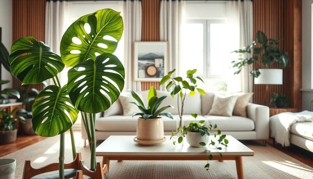 A beautifully arranged living space featuring various statement plants that instantly transform the room. In the foreground, a tall, leafy monstera plant with its striking split leaves stands elegantly on a stylish wooden plant stand. In the middle, a vibrant snake plant and a cascading pothos are placed on a minimalist, light-colored coffee table, enhancing the natural aesthetic. The background reveals a cozy, well-lit room with soft sunlight streaming through large windows, illuminating the wood accents and neutral-colored walls. The atmosphere is fresh and inviting, with a calm and serene vibe, reflecting a harmonious blend of greenery and modern decor. The image is shot with a wide-angle lens for depth, highlighting the spaciousness while maintaining focus on the statement plants.