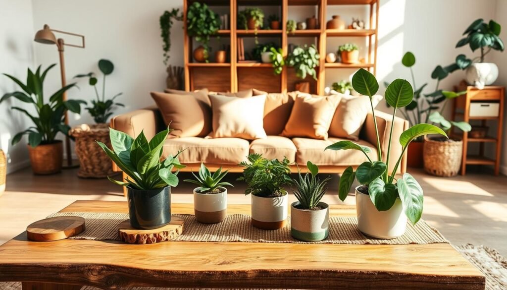 A beautifully arranged living space showcasing essential wood and plant decor ideas for a balanced home. In the foreground, a rustic wooden coffee table displays a variety of potted plants, including a snake plant and a fiddle leaf fig, surrounded by decorative wooden coasters and a natural jute table runner. The middle section features a cozy sofa decorated with earth-toned cushions, while a wooden bookshelf in the background is filled with greenery and decorative wooden items. Bright natural light floods the room, creating soft, warm shadows that enhance the earthy colors. Capture the scene from a slightly elevated angle, emphasizing the harmony between the wood decor and lush plants, evoking a serene and inviting atmosphere.