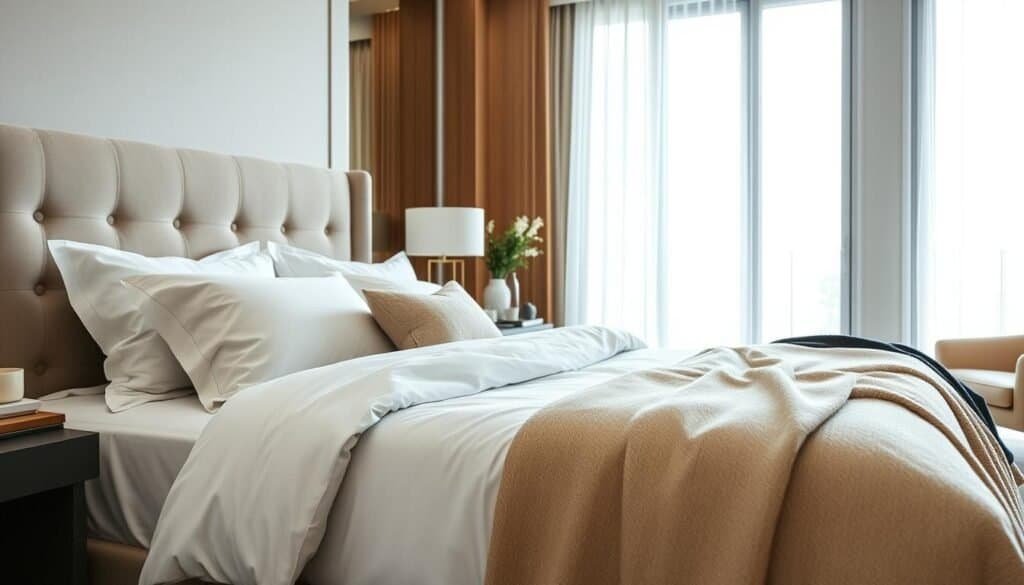 A beautifully arranged luxurious bedroom showcasing elegant bedding and textiles. In the foreground, a plush king-size bed with a thick, tufted headboard, draped in high-quality white linens and an inviting navy blue velvet throw blanket. Soft, oversized pillows in various textures add comfort. The middle layer features a stylish, minimalist bedside table with a sleek lamp, and a small bouquet of fresh flowers, enhancing the cozy atmosphere. In the background, large windows let in bright, natural light, casting a soft glow across the room’s neutral-toned walls and wooden accents. The space feels airy and well-lit, radiating tranquility and warmth. Capture this serene retreat from a slightly elevated angle to emphasize the inviting feel of the bedding and textiles, ensuring a sense of relaxation and luxury.