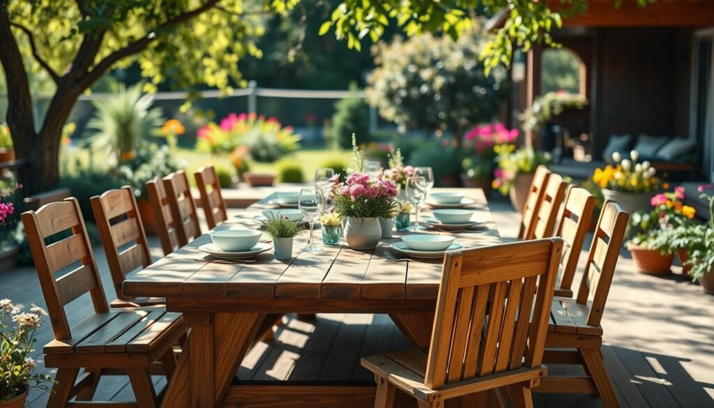 A beautifully arranged outdoor dining area featuring rustic wooden furniture, including a large, weathered dining table surrounded by comfortable, natural wood chairs. The setting is adorned with fresh greenery, potted plants, and delicate wildflowers enhancing the inviting atmosphere. In the foreground, a picnic-style table set with an elegant yet simple tableware arrangement, reflecting soft sunlight filtering through nearby trees, creates a warm and welcoming vibe. The middle includes a gently textured wooden patio underfoot, and in the background, a serene garden view with vibrant colors and soft blurred elements. The image should capture the essence of a cozy outdoor space, illuminated by bright, airy natural light that evokes feelings of relaxation and togetherness.