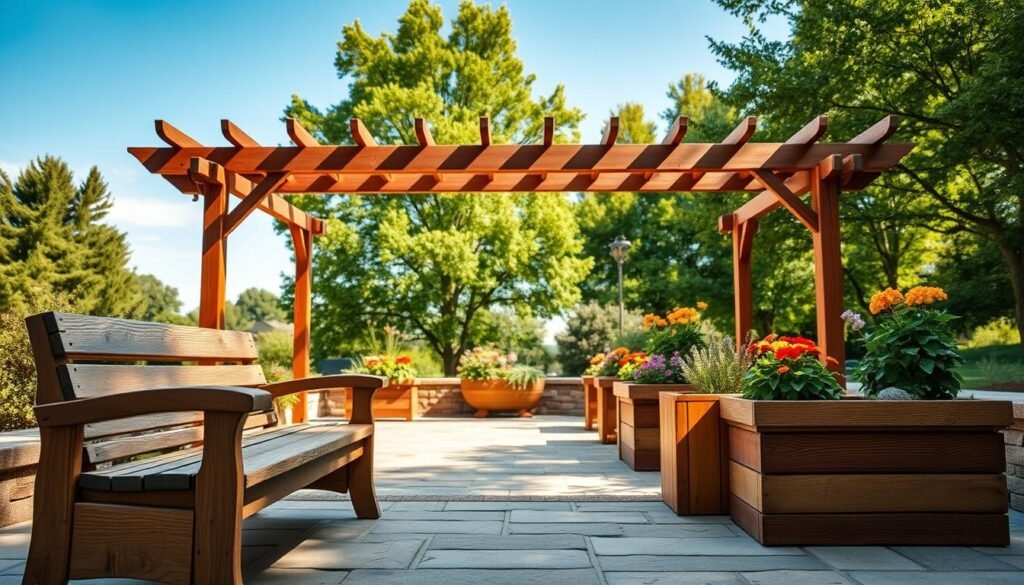 A beautifully arranged outdoor scene highlighting exquisite wood details. In the foreground, a handcrafted wooden bench is elegantly placed on a natural stone patio, with intricate wood grain patterns visible. In the middle ground, a series of wooden planters, filled with vibrant flowers, add color and warmth, showcasing rich tones of cedar and oak. A weathered wooden pergola arches gracefully above, casting dappled sunlight onto the patio. In the background, lush green trees frame the scene under a clear blue sky, soft sunlight illuminating the wood textures. The atmosphere is serene and inviting, evoking a sense of comfort and harmony with nature. The image captures the essence of how thoughtful wood elements enhance the outdoor experience.