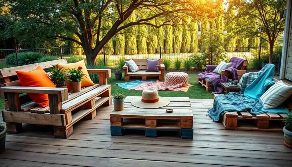A beautifully arranged outdoor space featuring DIY furniture made from wooden pallets. In the foreground, a rustic pallet bench adorned with vibrant cushions sits invitingly on a wooden deck. Flanking the bench, a small pallet coffee table holds potted plants and a large sun hat, creating a cozy atmosphere. In the middle ground, additional pallet seating complements the bench, surrounded by scattered colorful throw blankets. The background showcases a lush green garden bathed in soft, warm sunlight filtering through the trees, casting gentle shadows. The scene conveys a relaxed and inviting mood, ideal for outdoor gatherings. Capture this image with a wide-angle lens to emphasize the entire space, ensuring bright natural lighting enhances the textures of the wood and greenery.