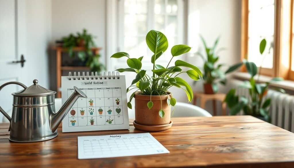 A beautifully arranged plant watering schedule on a wooden table, featuring a rustic charm. The foreground displays an elegant watering can beside a neatly designed calendar with plant icons symbolizing watering days. In the middle, a potted leafy green plant, like a pothos or snake plant, thrives under soft, natural light filtering through a nearby window. The background showcases a cozy, minimalist room with light-colored walls and subtle wooden accents, adorned with additional plants to enhance the atmosphere. The overall mood is bright and inviting, conveying a sense of tranquility and simplicity in plant care. The scene captures the essence of a productive yet relaxing space, perfect for busy individuals managing their plant routine.