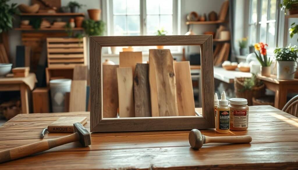 A beautifully arranged rustic picture frame DIY project on a wooden table in a cozy workshop. In the foreground, a weathered wooden picture frame partially assembled, with hand tools like a hammer and wood glue nearby. The middle ground features various types of wood pieces, including reclaimed barn wood and natural wood stains, creating a warm and inviting atmosphere. In the background, soft sunlight filters through a window, illuminating the scene and casting gentle shadows. The setting has a homey feel, adorned with potted plants and craft supplies, enhancing the creative vibe. The overall mood is relaxed and inspiring, inviting viewers to embark on their own woodworking journey.