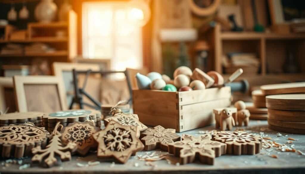 A beautifully arranged scene featuring an array of DIY Christmas gifts made from wood, including handcrafted coasters, rustic photo frames, and ornament sets. In the foreground, showcase a set of intricately carved wooden ornaments, meticulously detailed with festive designs. The middle of the image should highlight a wooden gift box, partially open, revealing a cozy assortment of hand-painted wooden toys tucked inside. The background features a softly blurred workshop setting bathed in bright natural light, with wood shavings scattered on a workbench and some tools subtly visible. The atmosphere is warm and inviting, evoking a sense of holiday spirit and craftsmanship, enhanced by soft sunlight filtering through a window. The image captures a serene and cheerful mood, perfect for celebrating handmade gifts.