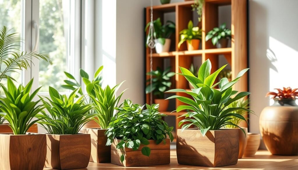 A beautifully arranged scene featuring intentional design with wooden planters, showcasing various types of lush green plants. In the foreground, a series of elegantly crafted wooden planters in rich browns and subtle variations in texture house vibrant plants, creating a sense of purpose. The middle ground includes a stylish wooden shelf unit, harmoniously integrating more potted plants with natural sunlight streaming through a nearby window, casting soft shadows. In the background, light-colored walls and a hint of greenery outside contribute to an airy, bright atmosphere. The lighting is natural, enhancing the wood's warmth and making the plants appear fresh and well-cared-for. The composition conveys tranquility and intentionality, perfect for an inviting home décor setting.
