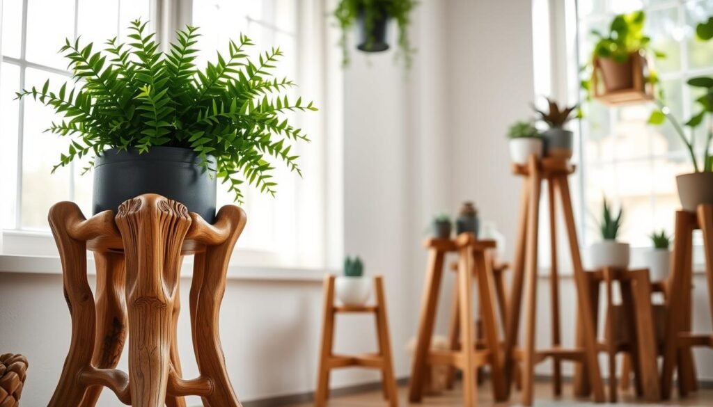 A beautifully arranged scene featuring various wooden plant stands showcasing different designs and heights. In the foreground, highlight a handcrafted, rustic wooden plant stand with intricate carvings, holding a vibrant green potted fern. The middle layer includes sleek, modern wooden stands, elegantly displaying small succulents in minimalist pots. In the background, a softly lit window casts gentle sunlight across the room, illuminating a few hanging planters. Create an airy and inviting atmosphere, emphasizing natural textures of wood, lush greenery, and a harmonious blend of styles. Use bright, natural lighting to enhance the earthy tones, capturing a serene and understated ambiance reminiscent of a cozy indoor garden.