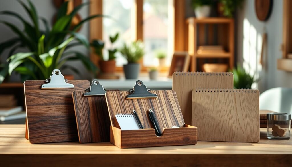 A beautifully arranged scene featuring wooden clipboard organizers. In the foreground, showcase a set of handcrafted clipboard organizers made from rich walnut and light oak, each displaying sleek lines and smooth finishes. Some clipboards are upright, showcasing their clips and texture, while others lie flat, revealing their back side. In the middle ground, add simple stationery items like pens and notepads to illustrate functionality. The background consists of a softly blurred cozy workspace with plants and natural wood accents. Soft sunlight streams through a nearby window, casting gentle shadows and highlighting the wood grain, creating a warm, inviting atmosphere that evokes a sense of calm and creativity. The overall mood is peaceful and inspiring, ideal for DIY enthusiasts.