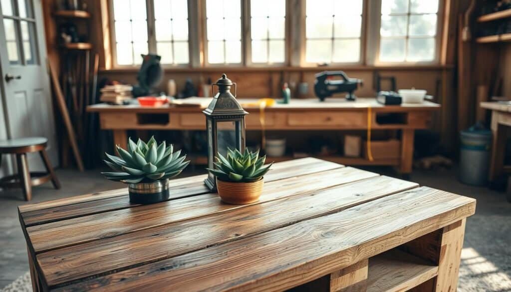 A beautifully arranged scene of a DIY pallet wood project in a cozy workshop. In the foreground, a handcrafted wooden coffee table made from reclaimed pallet wood showcases its rustic grains and weathered texture, adorned with a succulent plant and a vintage lantern. In the middle ground, a workbench is cluttered with tools like a saw, clamps, and a measuring tape, hinting at an ongoing project. The background features bright, airy windows allowing soft sunlight to stream in, illuminating the space and enhancing the warm wood tones. The atmosphere is inviting and encouraging, perfect for beginner woodworkers, emphasizing creativity and resourcefulness in turning discarded wood into beautiful décor.
