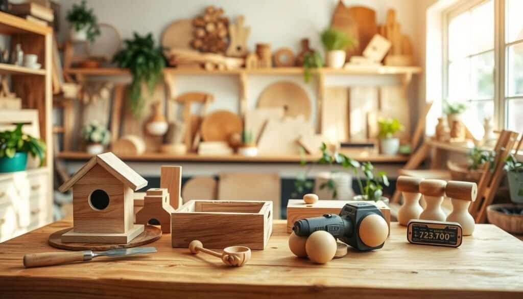 A beautifully arranged scene showcasing beginner woodworking projects in a cozy workshop. In the foreground, a sturdy wooden workbench displays various small projects, such as a simple birdhouse, a wooden planter box, and a handcrafted toy. Tools like a chisel and sander rest nearby, hinting at the creative process. The middle ground features soft, natural wood textures, with sunlit beams gently illuminating the workspace. In the background, shelves hold neatly organized wood pieces and finished projects, surrounded by plants to bring a touch of nature indoors. The atmosphere is tranquil and inviting, enriched by warm, bright natural light filtering through a large window, creating an inspiring space for calm and productive weekend woodworking.