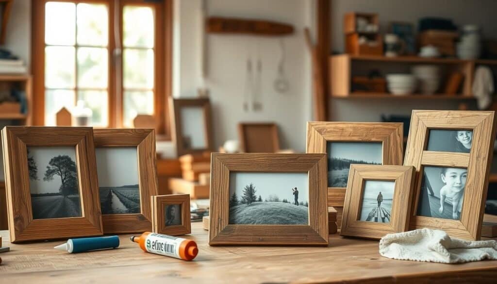 A beautifully arranged scene showcasing rustic DIY picture frames made from reclaimed wood. In the foreground, several handcrafted picture frames, varying in size and shape, display family photos and nature scenes. The frames are adorned with natural textures and subtle imperfections, emphasizing their handmade quality. In the middle ground, a wooden workbench is strewn with tools like wood glue, sandpaper, and a soft cloth, hinting at an ongoing creative process. The background features a sunlit window, allowing bright, natural light to flood the space, enhancing the warmth of the wood. The atmosphere is calm and inviting, reflecting a cozy workshop setting where memories are cherished and created. The image captures the essence of a productive weekend mood, with a focus on woodworking and nostalgia.