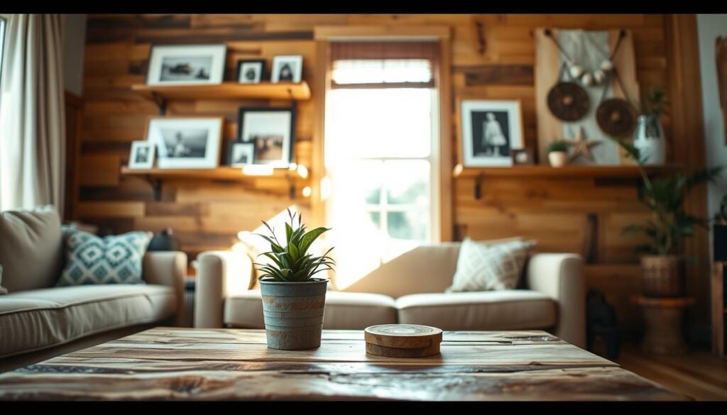 A beautifully arranged scene showcasing various scrap wood projects in a cozy home setting. In the foreground, a handcrafted rustic coffee table made from reclaimed wood holds a small potted plant and a couple of handmade coasters. In the middle, shelves made from mismatched wood pieces display framed photos and artisanal crafts, illuminated by soft, natural sunlight streaming through a nearby window. In the background, a warm-toned wall with wooden accents adds depth, creating a welcoming atmosphere. The overall mood is inviting and creative, emphasizing warmth and resourcefulness in home decor. The image should be bright and airy, capturing the essence of DIY woodworking projects that celebrate ingenuity and sustainability.