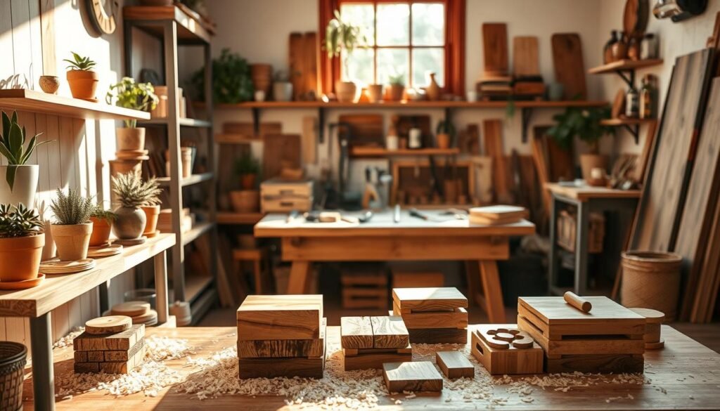 A beautifully arranged scene showcasing various upcycled wood projects made from scrap materials. In the foreground, there are elegant wooden shelves filled with potted plants, handcrafted coasters, and decorative wooden boxes. The middle ground features a cozy woodworking bench with tools and small, unfinished wood pieces waiting for transformation, surrounded by light shavings. In the background, a warm, sunlit window bathes the space in soft, natural light, highlighting the unique textures of the reclaimed wood. The atmosphere is inviting and tranquil, ideal for creative endeavors. Use bright, natural light to enhance the details, with a slightly shallow depth of field to focus on the projects while keeping the background softly blurred.