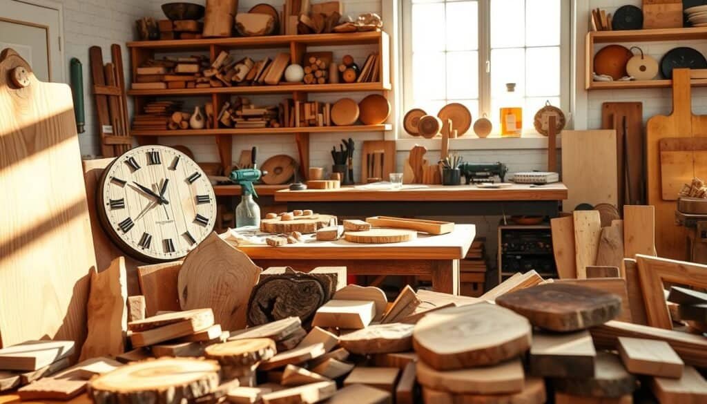 A beautifully arranged selection of upcycled wood scraps in a cozy workshop setting. In the foreground, various wooden pieces of different shapes and sizes are creatively transformed into functional items, like a rustic wall clock and a set of coasters. The middle ground features a sturdy workbench with essential woodworking tools, illuminated by bright natural light streaming through a window, casting soft shadows. In the background, shelves filled with more repurposed wooden items add warmth and texture to the scene. The atmosphere is inviting and inspiring, encouraging creativity and sustainability in home décor projects. The image captures a well-lit, airy space, emphasizing the beauty of upcycled materials.