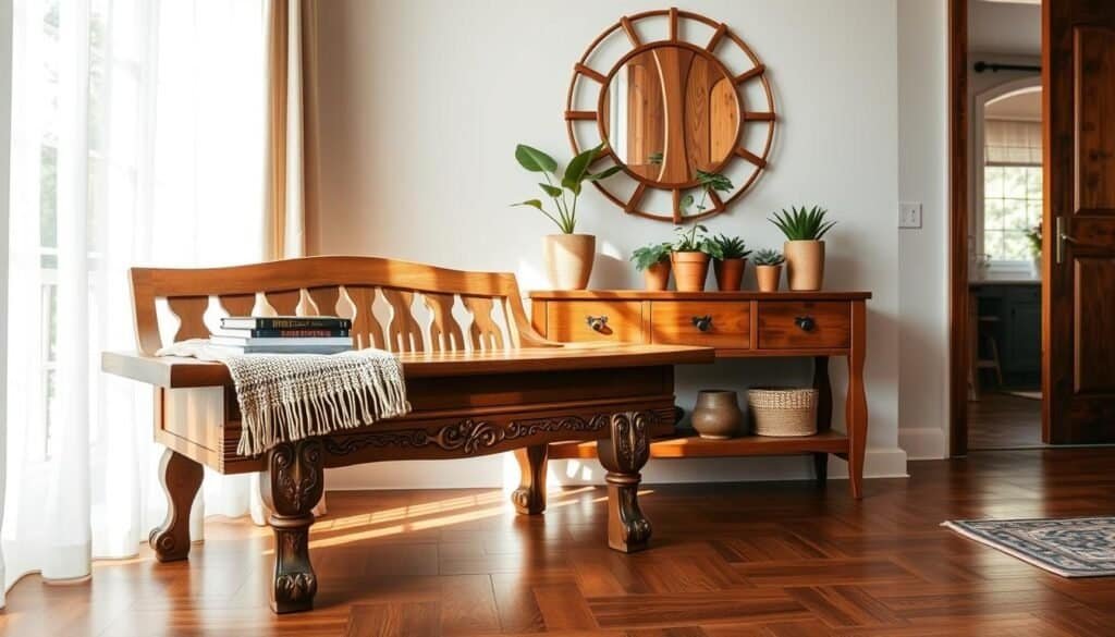 A beautifully arranged wooden entryway decor scene for a living room, featuring a rustic wooden bench with intricately carved details, topped with a cozy woven blanket and a few stacked books. In the background, a stylish wooden console table is adorned with potted greenery and a handcrafted wooden mirror reflecting soft sunlight. The flooring is rich hardwood, enhancing the warmth of the decor. Natural light filters through a nearby window, casting gentle shadows and highlighting the textures of the wood. The atmosphere is inviting and serene, perfect for a modern cozy home. Shot with a wide-angle lens to capture the entire entryway, ensuring a bright and airy feel.