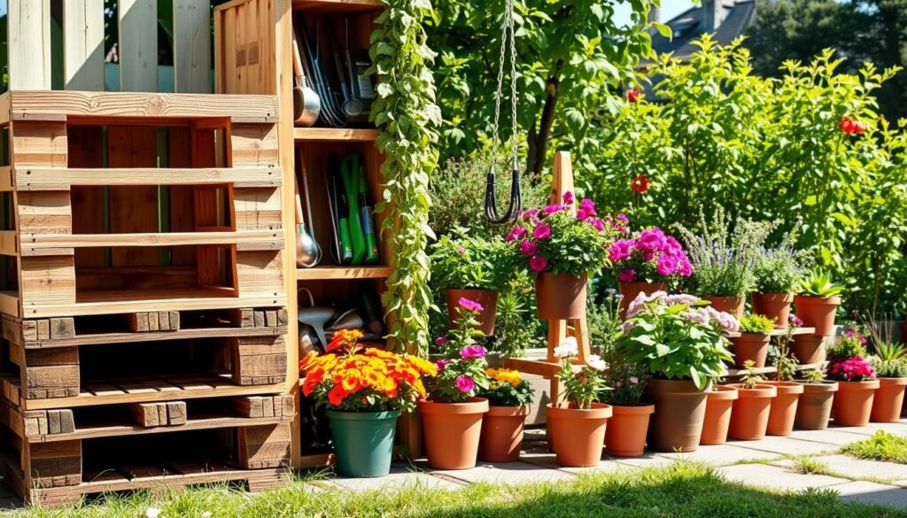 A beautifully arranged wooden pallet garden storage unit, intricately designed with multiple compartments for organizing gardening tools and supplies. The foreground features the rustic wooden pallets, weathered and textured, stacked creatively. In the middle ground, vibrant pots filled with colorful flowers and herbs are neatly organized around the storage unit, adding life and color. The background showcases a lush green garden with sunlight filtering through the leaves, creating a warm, inviting atmosphere. The scene is illuminated by bright natural light, accentuating the details of the wood grain and the foliage. Capture the image from a slightly elevated angle to provide a comprehensive view of the storage solution in the garden's context, evoking a sense of tranquility and efficiency in outdoor organization.