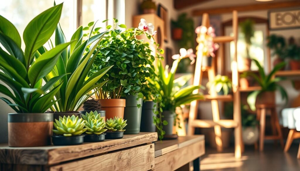 A beautifully arranged wooden plant display featuring a variety of vibrant green plants in different pots. In the foreground, a rustic wooden shelf holds small potted succulents next to a tall leafy plant, showcasing a DIY aesthetic. The middle ground displays a larger wooden stand with an assortment of plants, including a cascading ivy and a colorful flowering orchid. The background is softly blurred, hinting at a cozy room decorated with wooden accents and plenty of natural light streaming through a window. The scene is bathed in warm, soft sunlight, creating a welcoming and tranquil atmosphere. Capture this image from a slight angle to highlight the textures of the wood and the lush greenery, emphasizing a natural, earthy vibe.