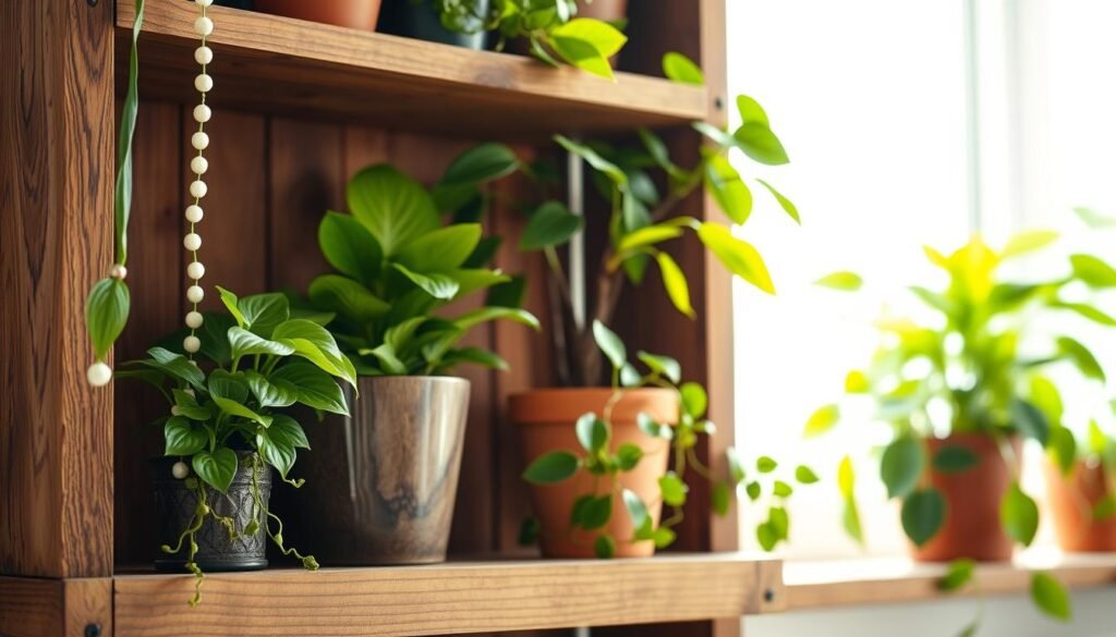 A beautifully arranged wooden shelf featuring a variety of house plants in distinct pots, showcasing vibrant greens and textures. In the foreground, a small, elegant snake plant and a cascading string of pearls hang gracefully. The middle ground displays a medium-sized fiddle leaf fig beside a terracotta pot filled with cheerful pothos, each plant complementing the natural wood tones of the shelf. The background reveals a softly blurred window, allowing in bright, diffused natural light, enhancing the colors of the greenery. The scene captures a serene and inviting atmosphere, with a warm and airy ambiance created by soft sunlight streaming in. The image exudes a harmonious balance between rustic wood and lush plants, ideal for aesthetic home décor.