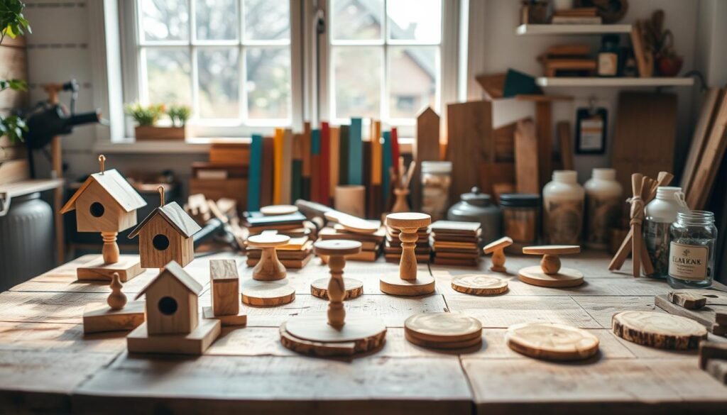 A beautifully arranged workspace showcasing various "scrap wood crafts." In the foreground, feature a rustic wooden table with small, finished projects like a birdhouse, a plant stand, and coasters, highlighting the craftsmanship and creativity. In the middle, display an assortment of colorful scrap wood pieces, tools like a saw and sandpaper, and paint jars, evoking a sense of creativity and DIY spirit. In the background, a well-lit window allows soft, natural sunlight to flood the space, illuminating the crafts and creating an airy atmosphere. The overall mood is inviting and warm, perfect for inspiring home projects that utilize leftover materials. The focus is on earthy tones and textures, emphasizing sustainable crafting.
