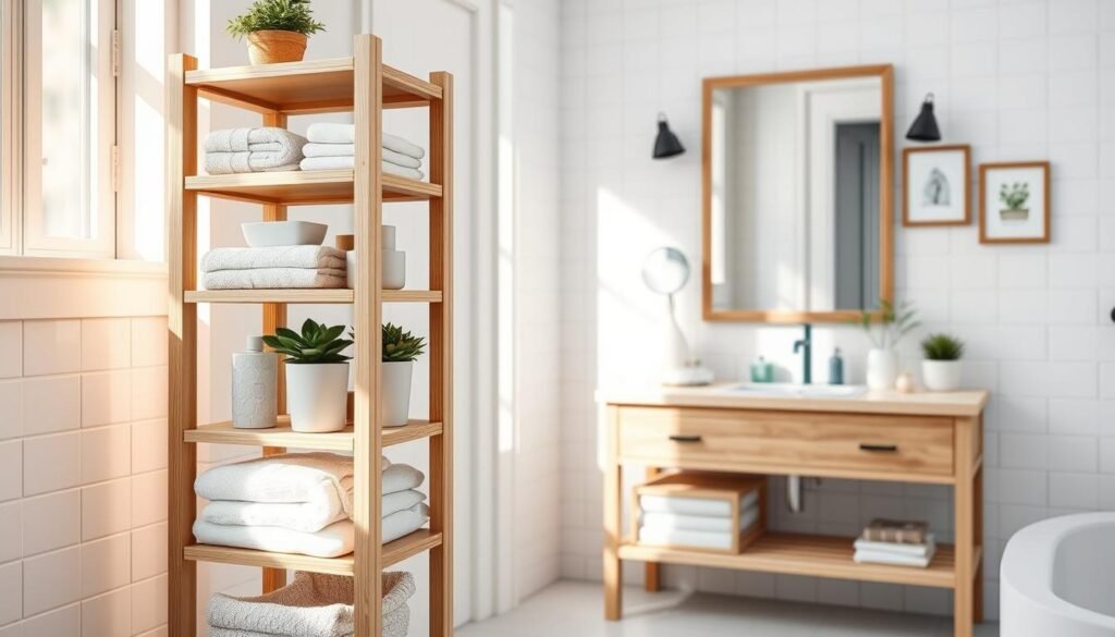 A beautifully crafted DIY bathroom storage tower made from light-colored wood, featuring multiple shelves filled with neatly organized towels, toiletries, and decorative plants. The storage tower stands in a stylish, modern bathroom setting with white tiles and a large mirror above a sink. In the foreground, the tower is highlighted with soft natural light coming from a nearby window, casting gentle shadows and creating an inviting atmosphere. The background showcases tasteful bathroom décor, including minimalistic wall art and a small potted plant on the vanity. The scene is airy and well-lit, emphasizing the functionality and elegance of this space-saving solution. The perspective is eye-level, capturing the full height and craftsmanship of the storage tower while maintaining a cozy, serene ambiance.