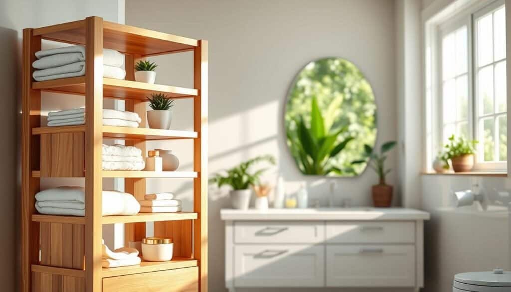 A beautifully crafted DIY bathroom storage tower made from light, natural wood, elegantly displaying multiple shelves that host neatly organized bathroom essentials like towels, toiletries, and decorative plants. In the foreground, the storage tower stands prominently, showcasing its smooth, polished finish and thoughtful design. In the middle, a softly illuminated bathroom setting includes a well-organized countertop with minimalistic decor, enhancing the functionality and charm of the space. The background features airy, white walls and vibrant, greenery peeking through a window, inviting abundant natural light that casts gentle shadows. The overall atmosphere is fresh, inviting, and inspiring, perfect for a functional home organization project, with a focus on bright soft sunlight illuminating the scene beautifully.