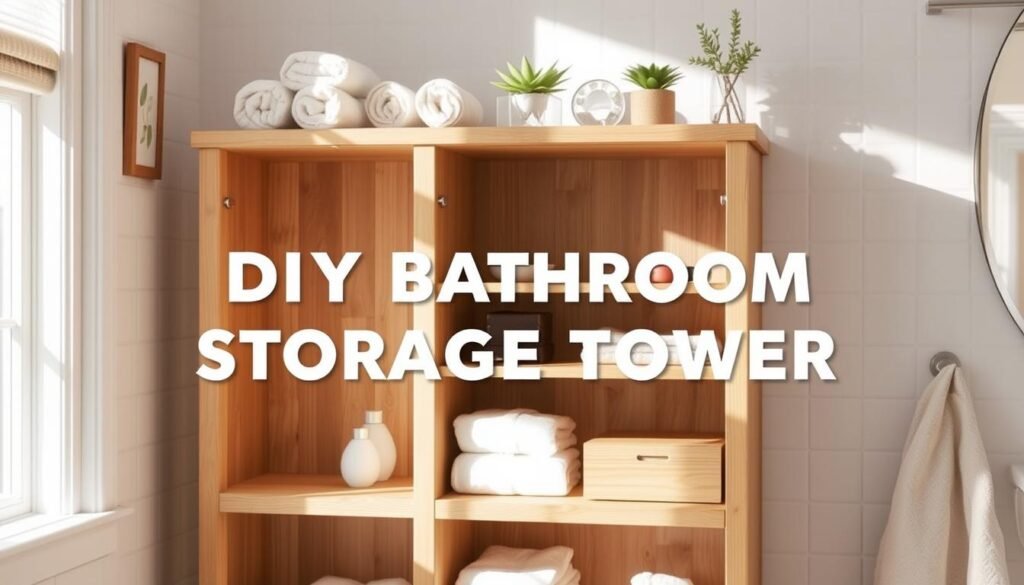A beautifully crafted DIY bathroom storage tower, made from light wood, stands elegantly in a cozy bathroom space. In the foreground, a collection of neatly arranged decorative items—like rolled towels and small plants—adorns the top of the tower. In the middle, the storage tower features open shelving for easy access, complemented by a few closed compartments for a tidy appearance. Soft natural light streams in through a window, casting gentle shadows and illuminating the wood grain. The background showcases a clean, airy bathroom with white tiles and pastel accents, enhancing a fresh and inviting atmosphere. The image captures a serene and organized environment, perfect for a practical yet stylish home solution.