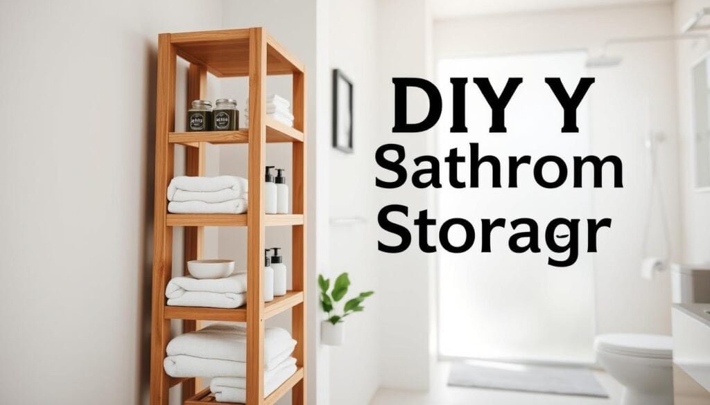 A beautifully crafted DIY bathroom storage tower made from natural wood, standing against a light pastel-colored wall. The foreground features a neatly arranged tower with multiple shelves, showcasing neatly folded towels, decorative jars, and stylish toiletries. In the middle ground, a small potted plant adds a touch of greenery, highlighting the rustic charm. The background consists of a soft-focus view of a modern bathroom with white tiles and bright natural light streaming in through a frosted window, creating an airy and inviting atmosphere. The scene is captured in soft sunlight, emphasizing the wood's texture and grain, and evoking a sense of calm and organization. The angle is eye-level, providing a realistic view of the storage tower in a practical yet aesthetically pleasing setting.
