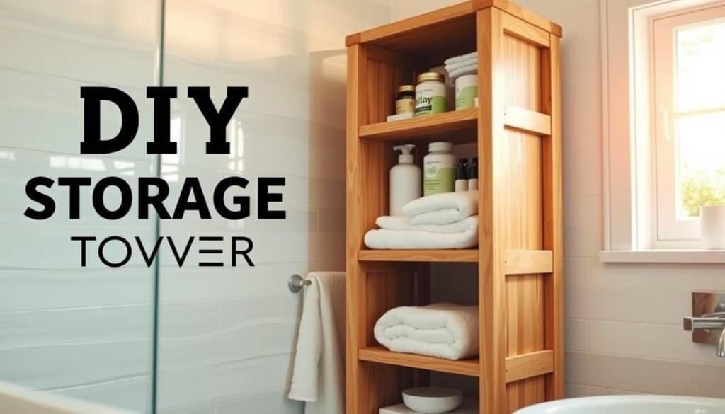A beautifully crafted DIY bathroom storage tower made of natural wood, showcasing a minimalist design with multiple shelves and compartments. The foreground features the tower filled with neatly organized toiletries and towels, highlighting its practical use in a small space. In the middle ground, the tower stands against a soft, elegantly tiled bathroom wall, reflecting a light and airy atmosphere. The background shows a bright window allowing warm, natural sunlight to stream in, illuminating the scene. The overall mood is inviting and functional, perfect for maximizing storage in a cozy bathroom. Capture the image from a slightly angled perspective to emphasize the tower's height and functionality, with soft lighting that enhances the wood grain and textures.