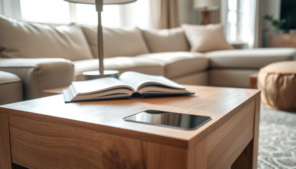 A beautifully crafted DIY couch side table with an integrated charging station, featuring a rustic wood finish and sleek modern design. In the foreground, the table showcases a smooth surface housing a stylish lamp and an open book, casting soft shadows. The middle layer reveals the charging station, with built-in USB ports visible from the side, harmonizing with the cozy ambiance. In the background, a softly lit living room setting with a plush couch and a warm, inviting atmosphere enhances the scene. Bright natural light stream in through nearby windows, creating a tranquil and airy feel. Capture this image from a slightly elevated angle to emphasize the table's functionality while retaining the softness of the overall decor. The focus should convey a sense of calm and inspiration for DIY enthusiasts.