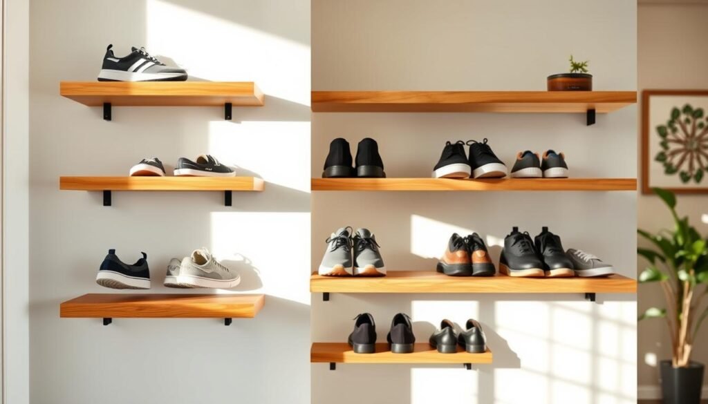 A beautifully crafted, DIY floating shoe rack mounted on a modern entryway wall, showcasing its minimalist design with multiple wooden shelves displaying various stylish shoes. The foreground features a selection of shoes neatly arranged, including sneakers and dress shoes, emphasizing organization and practicality. In the middle, the sleek wooden shelves blend seamlessly into the wall, highlighting the craftsmanship and natural wood grain. The background presents a soft, airy atmosphere with subtle greenery or a decorative wall art piece to enhance the entryway feel. The image captures bright, natural light streaming in, creating a warm and inviting ambiance, with soft sunlight casting gentle shadows, making the design feel relaxing and functional. Shot from a slight angle to emphasize depth and perspective, inviting viewers to imagine this solution in their own homes.