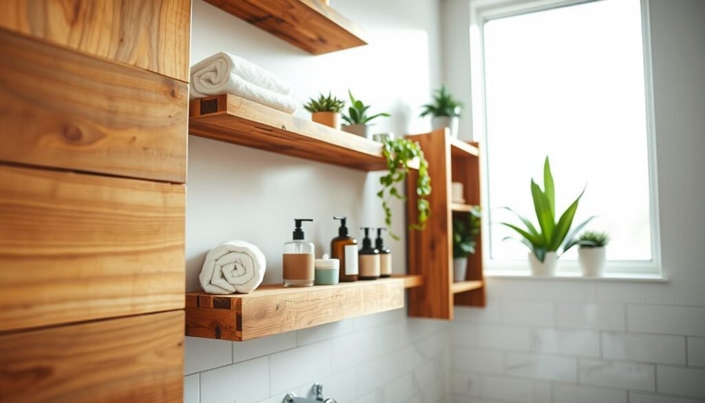 A beautifully crafted DIY pallet bathroom shelving unit, showcasing rustic wood grain and varying shades of brown. The shelving is adorned with neatly arranged decorative items like potted plants, rolled towels, and artisanal soap dispensers. In the foreground, focus on the textures of the wood, highlighting its natural imperfections. In the middle, the shelves create a functional storage solution against a light-colored bathroom wall, complemented by subtle, stylish decor. The background features a large window that invites soft, bright natural light, enhancing the airy atmosphere of the space. Capture this scene from a slightly angled perspective to emphasize depth and detail, conveying a cozy and inviting mood perfect for a home.