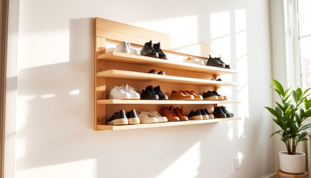 A beautifully crafted DIY wall mount shoe rack made from light-colored wood, showcasing a minimalist design with several carefully spaced shelves holding various stylish shoes. The rack is mounted on a clean, white wall with a soft, airy background featuring a hint of greenery from a nearby potted plant. The lighting is bright and inviting, with soft sunlight streaming in through a nearby window, creating gentle shadows that enhance the texture of the wood. The angle captures the rack from a slightly low perspective, emphasizing its height and functionality. The overall mood is warm and organized, reflecting a practical yet aesthetically pleasing approach to space-saving shoe storage solutions in a cozy home environment.