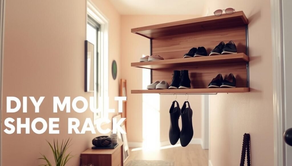 A beautifully crafted DIY wall mount shoe rack made from natural wood, showcasing a minimalist design with several tiers for storing various shoes. In the foreground, the shoe rack is adorned with a few stylish pairs of shoes neatly placed on each shelf, demonstrating its functionality. The middle ground features a well-organized entryway scene, including a small potted plant and a decorative piece nearby, enhancing the aesthetic. In the background, a softly lit hallway with a pastel-colored wall creates a warm and inviting atmosphere. The soft sunlight streams in from a nearby window, casting gentle shadows and highlighting the wood grain of the shoe rack. Capture this image at a slight angle to emphasize depth and texture, conveying a peaceful and organized entryway.