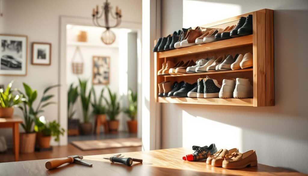 A beautifully crafted DIY wall-mounted shoe rack made of natural wood, showcasing a modern and minimalist design. The rack is filled with an array of stylish shoes arranged in an organized manner, emphasizing the joy of making something by hand. In the foreground, a few tools are casually placed, hinting at the DIY process. The middle of the image features the shoe rack itself, with clean lines and a warm wood finish, complemented by soft sunlight illuminating the wood grain. In the background, a cozy entryway is visible, with potted plants and a glimpse of a well-decorated wall, enhancing the inviting atmosphere. The scene is bright and airy, creating a sense of relaxation and accomplishment in home décor and woodworking.
