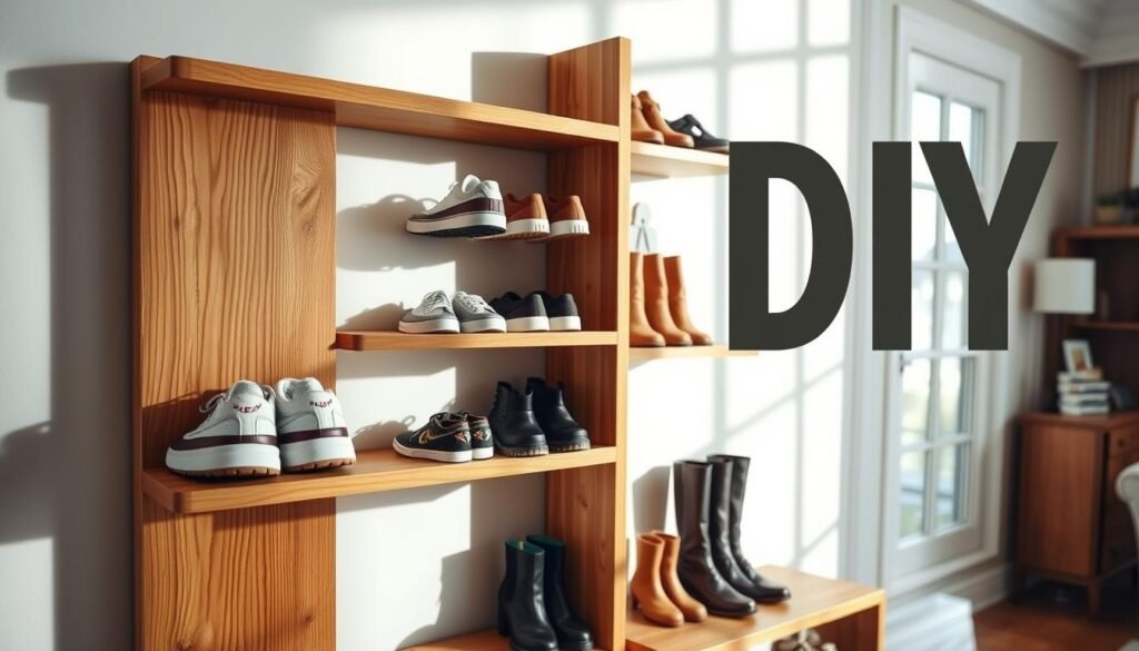 A beautifully crafted DIY wall-mounted shoe rack made of warm, natural wood, showcasing a clean and minimalistic design. The shoe rack features multiple tiers with neatly arranged pairs of shoes of various styles, including sneakers, heels, and boots, illustrating versatility. The foreground captures the intricate wood grain and craftsmanship, while the middle ground highlights the organized shoes, inviting a sense of tidiness. In the background, a bright, airy room with soft sunlight filtering through large windows, casting gentle shadows and creating a cozy atmosphere. The angle is slightly elevated, allowing a clear view of the rack against a tastefully decorated wall. The overall mood is inviting and inspiring, perfect for a DIY enthusiast.