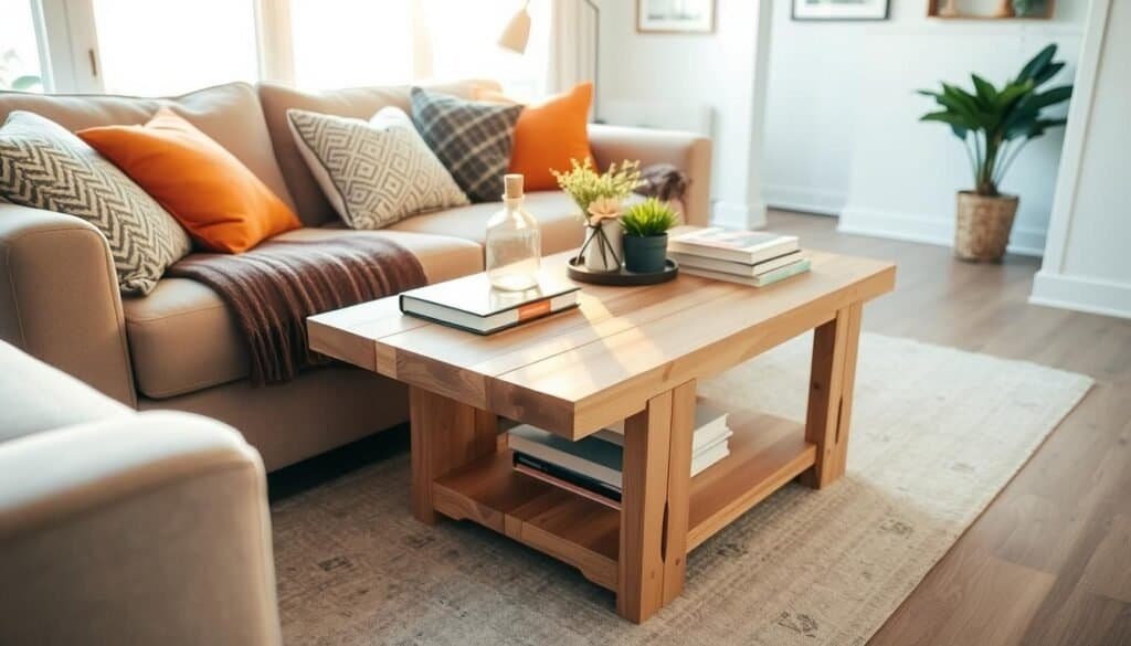 A beautifully crafted DIY wood couch side table sits in a cozy living room, showcasing its rustic charm. The table, made from light-stained reclaimed wood, features a modern design with clean lines and a spacious top for drinks and books. In the foreground, the table is placed next to a plush, neutral-toned sofa, adorned with colorful cushions for contrast. In the middle of the scene, soft sunlight streams through a large window, casting warm highlights across the wooden surface. Potted plants and a decorative lamp are positioned on the table, adding a touch of greenery and warmth. The background reveals a clean, airy atmosphere with bright walls and minimalistic décor, enhancing the inviting feel of the space. The image captures a practical yet enjoyable DIY project perfect for any living room setting.
